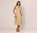 Collared Sequin Tweed Midi Dress In Champagne