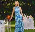 Tiered Metallic Floral Chiffon Halter Gown In Blue Multi