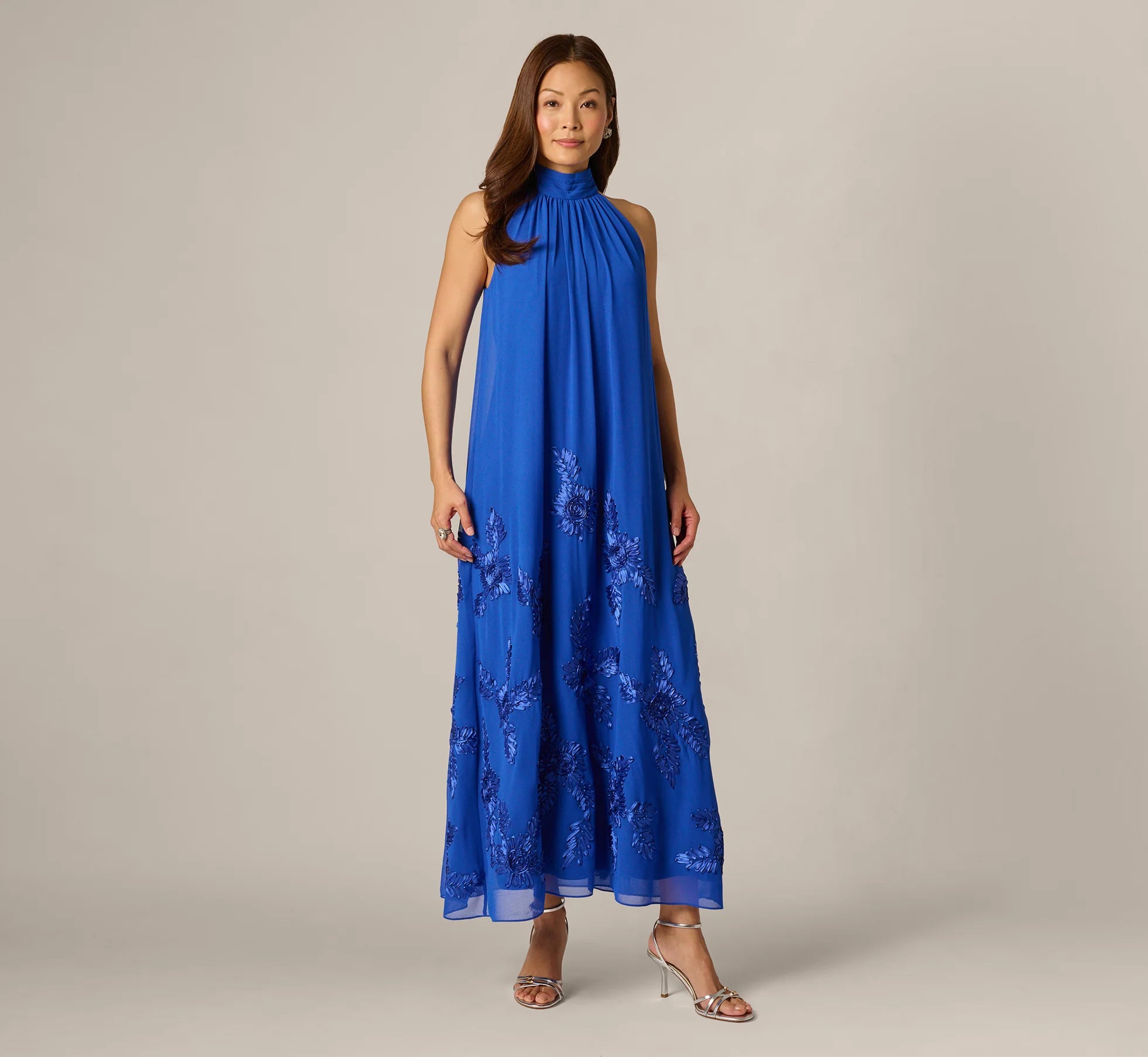 Georgette Soutache Embroidery Trapeze Halter Dress In Brilliant Sapphire