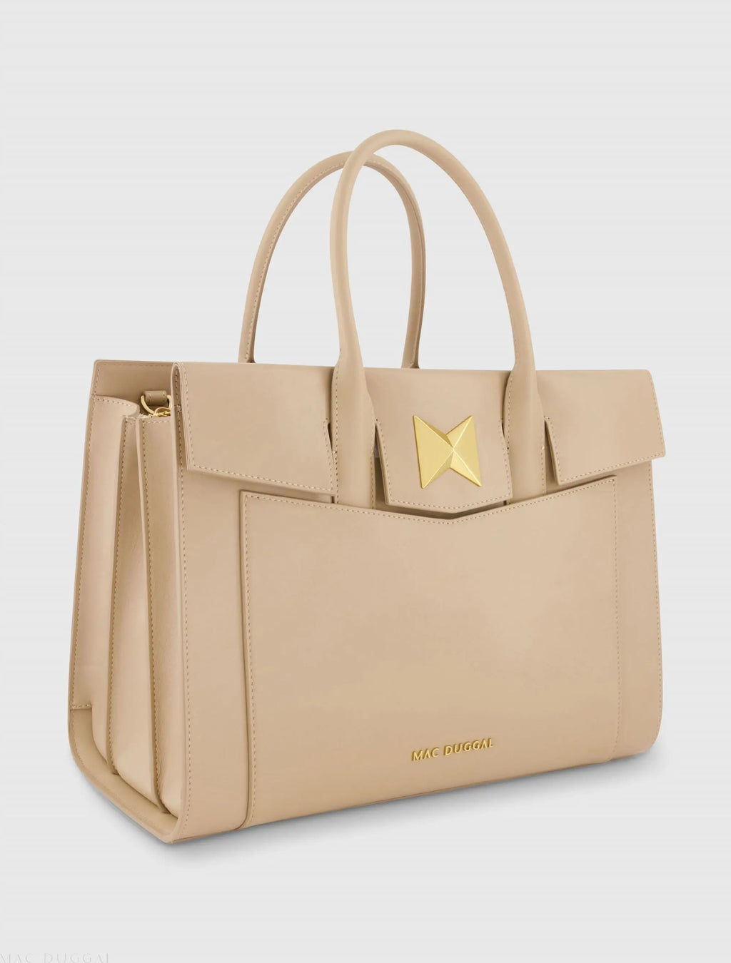 Beige Large Leather Briefcase Bag With Gold Hardware