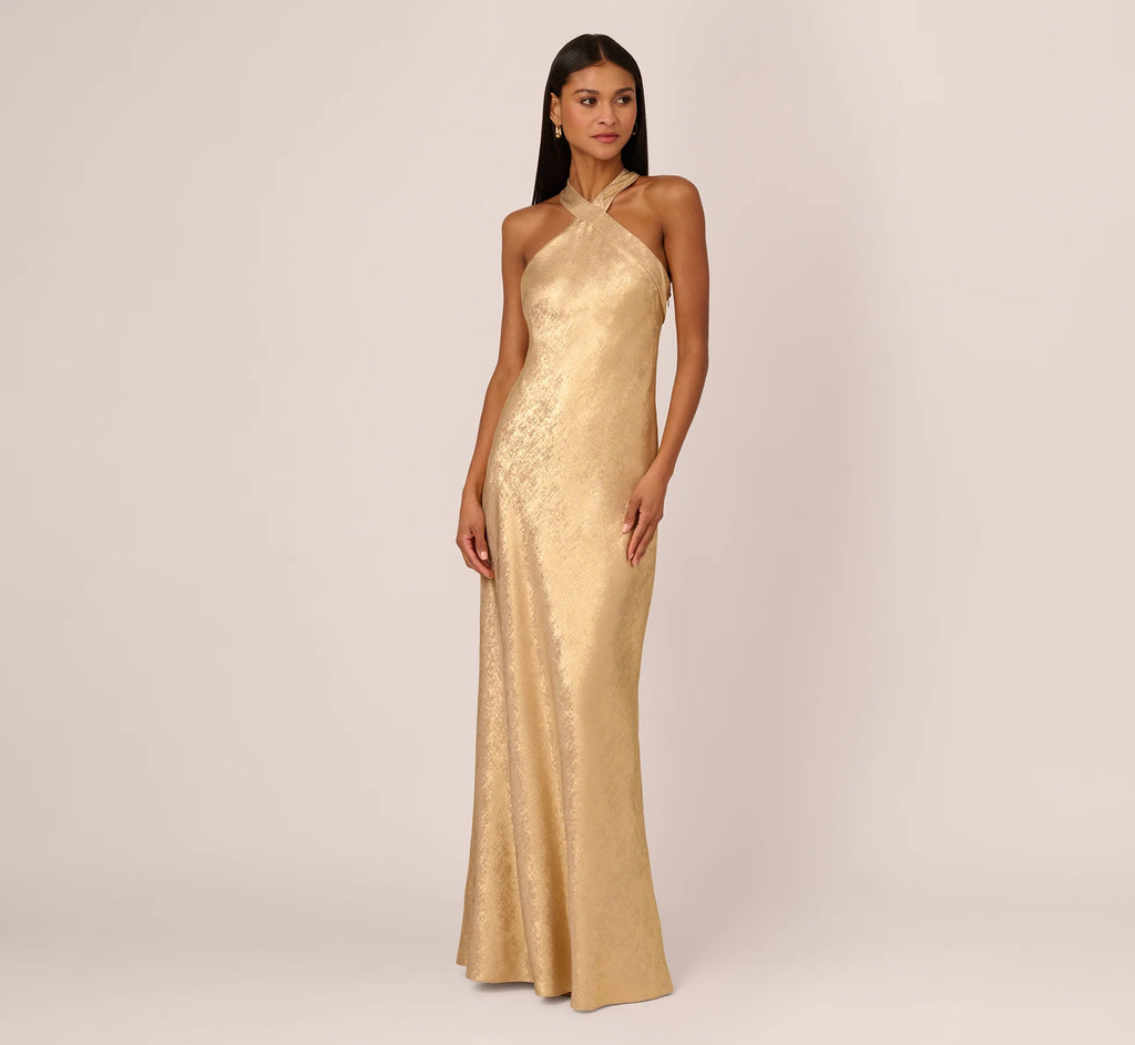 Foiled Mermaid Gown With Halter Neckline In Light Gold