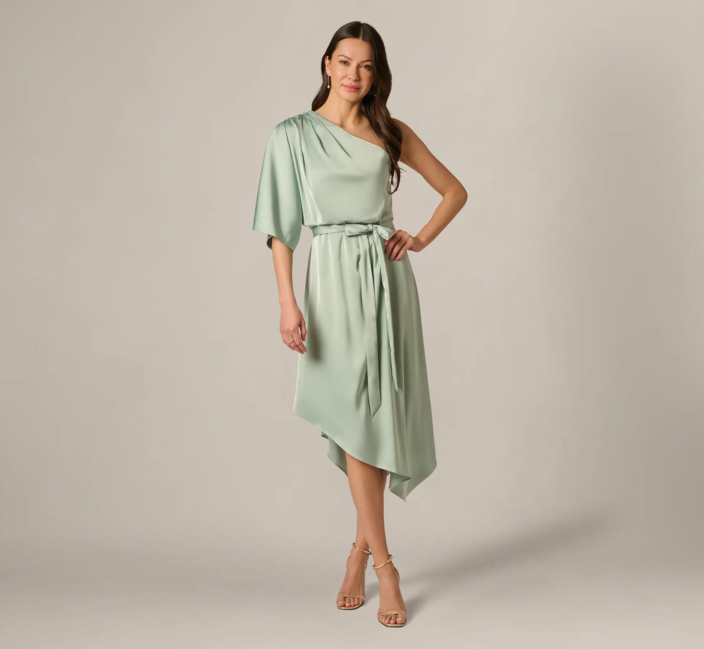 Asymmetrical Draped Stretch Satin Midi Dress In Icy Sage