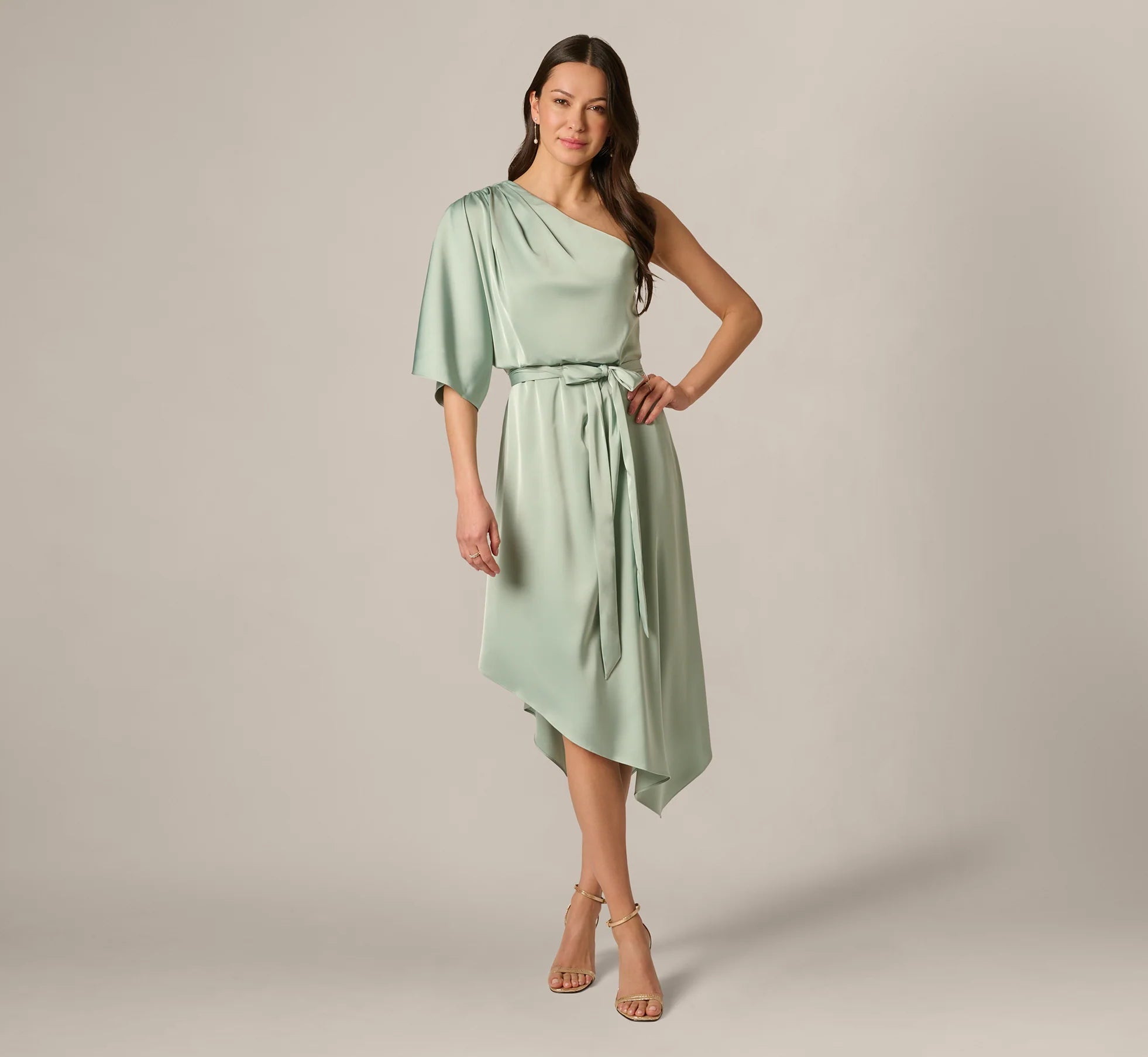 Asymmetrical Draped Stretch Satin Midi Dress In Icy Sage