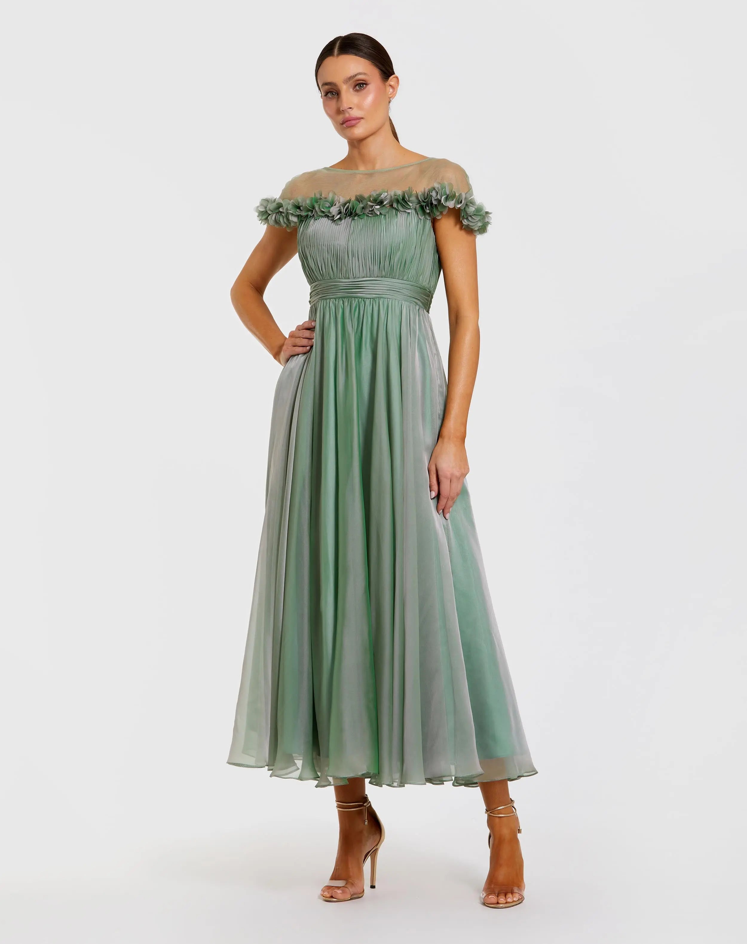 Chiffon Illusion Neck Midi Dress With 3D Flowers