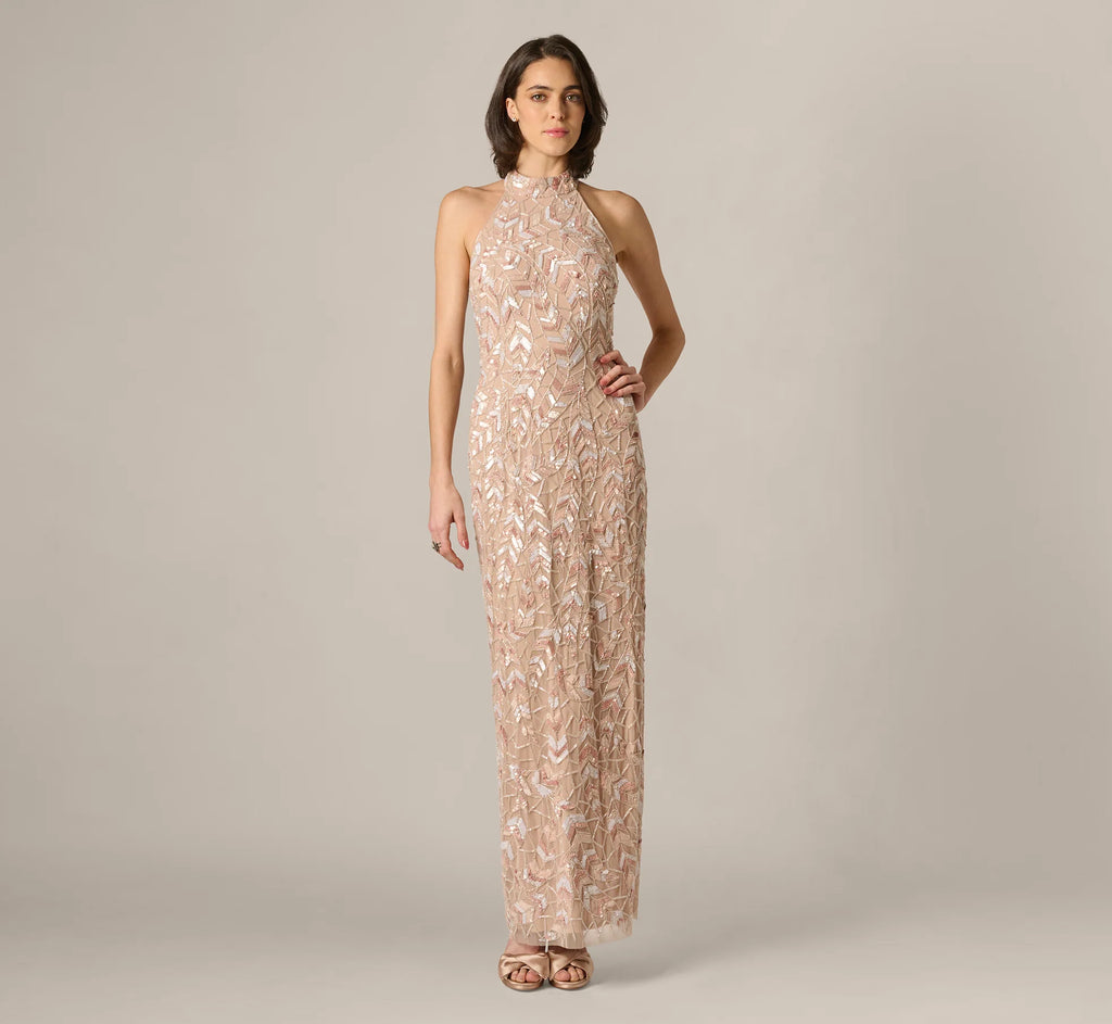 Sequin Beaded Leaf Halter Gown In Rose Quartz
