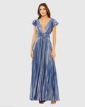 Blue Ruffle Sleeve Cutout Pleated Metallic Gown - FINAL SALE