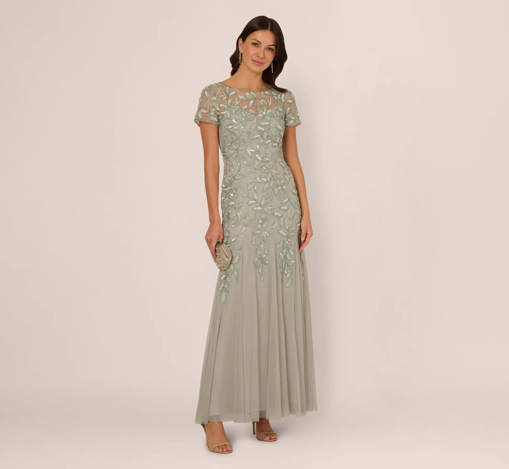 Hand Beaded Short Sleeve Floral Godet Gown In Frosted Sage
