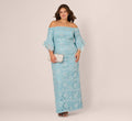 Plus Size Off Shoulder Bell Sleeve Sequin Lace Gown In Airy Aqua