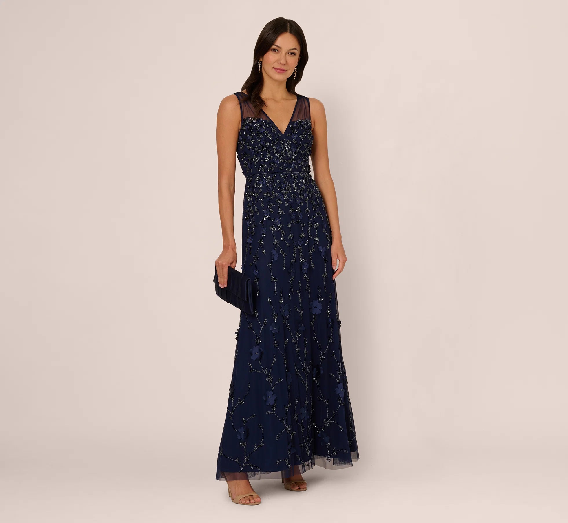 Sleeveless Illusion 3D Petal Beaded Gown In Light Navy