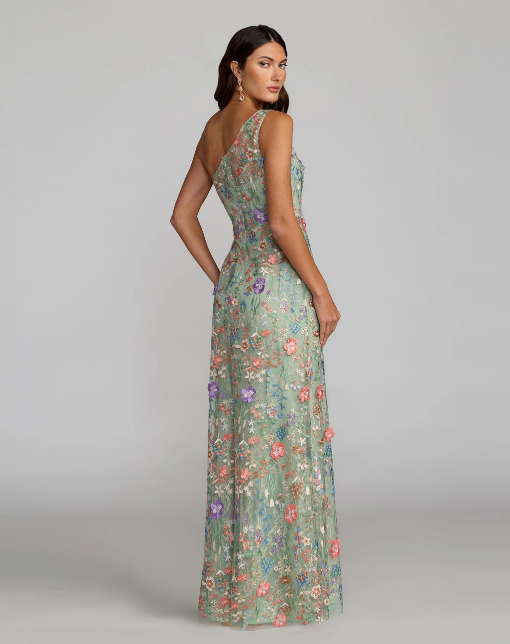 Green One Shoulder Floral Embroidered Gown