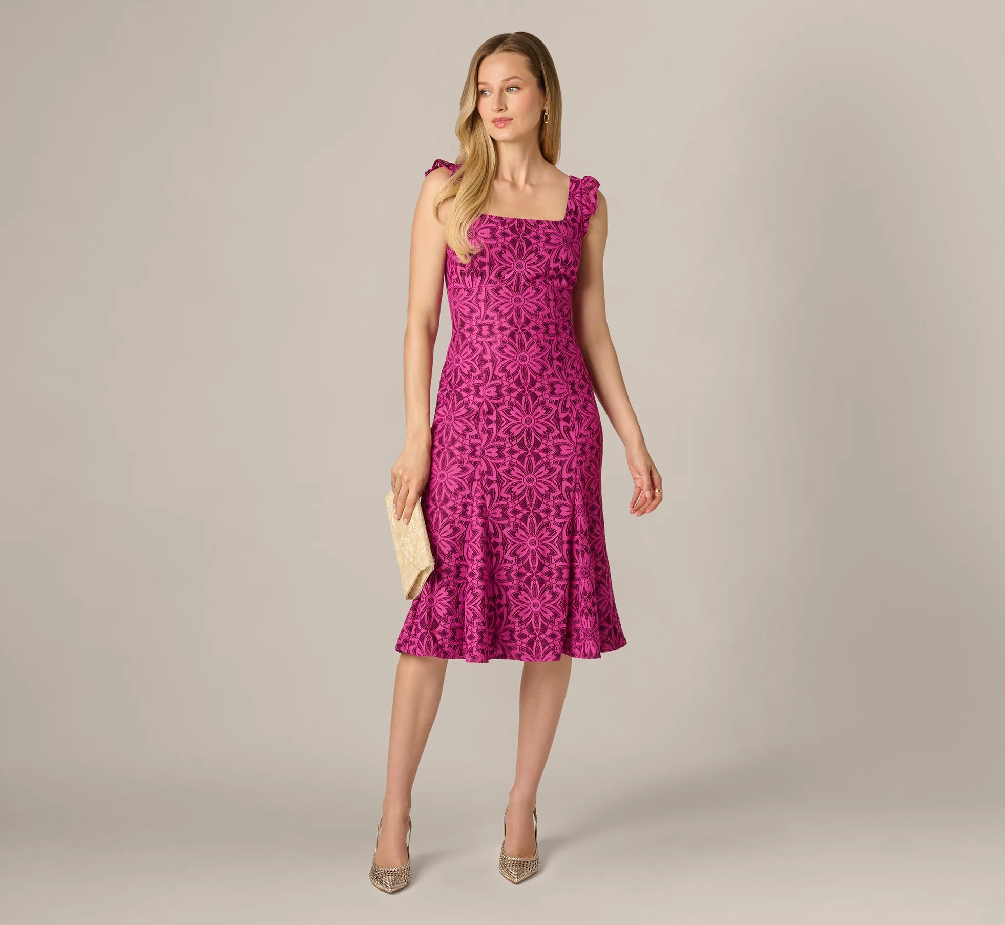 Floral Geometric Lace Midi Dress In Berry Multi