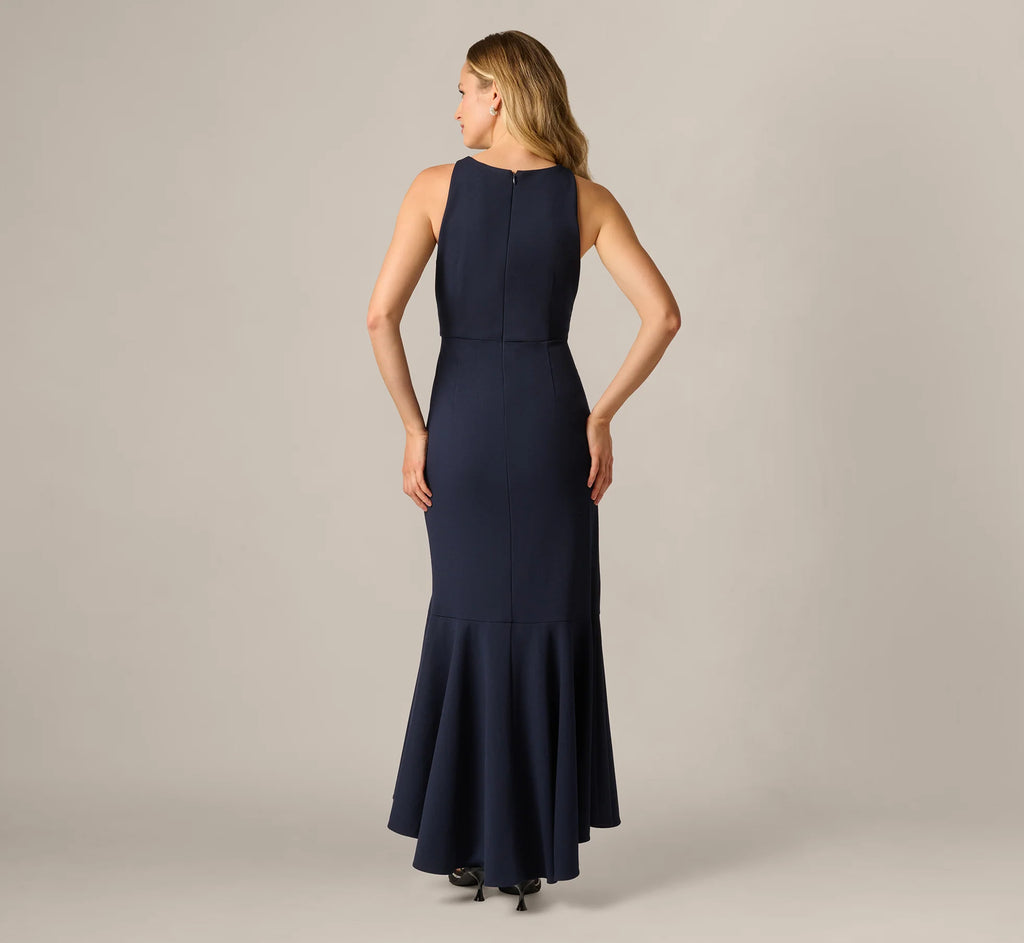 Bead Accent Crepe Halter Gown In Midnight