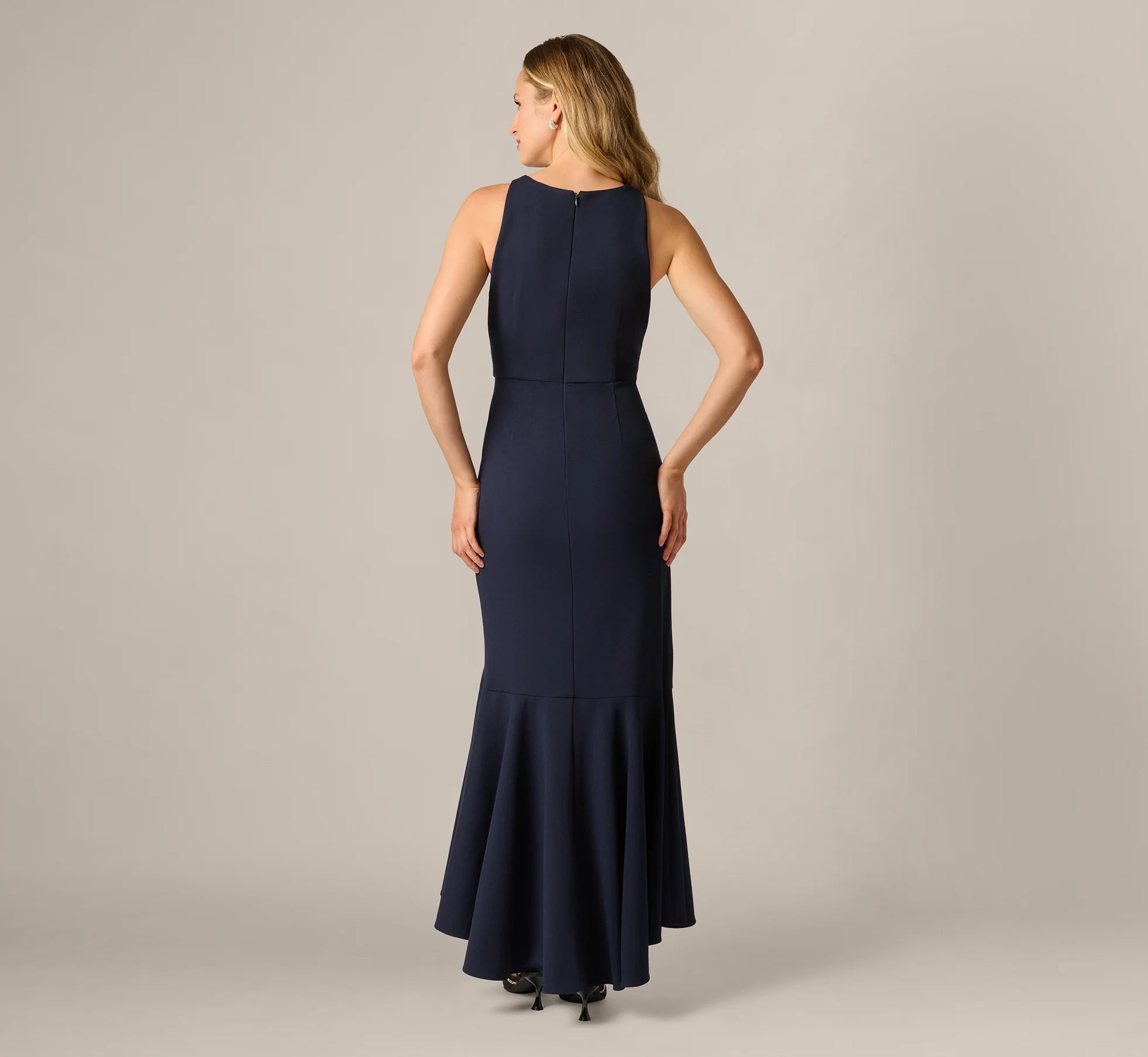 Bead Accent Crepe Halter Gown In Midnight