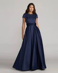 Navy Embellished Satin Cap Sleeve Ball Gown