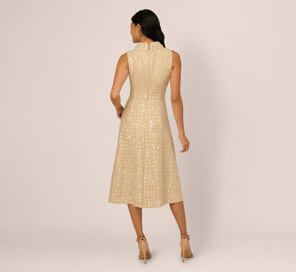 Collared Sequin Tweed Midi Dress In Champagne