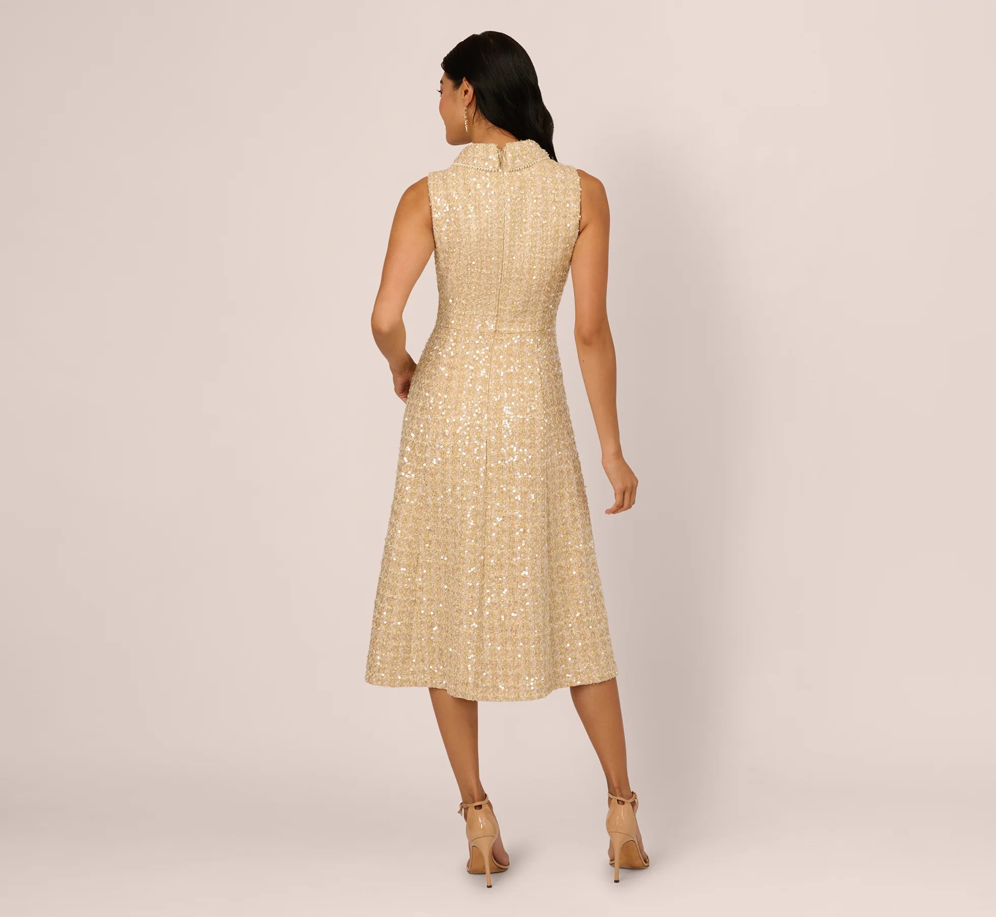 Collared Sequin Tweed Midi Dress In Champagne