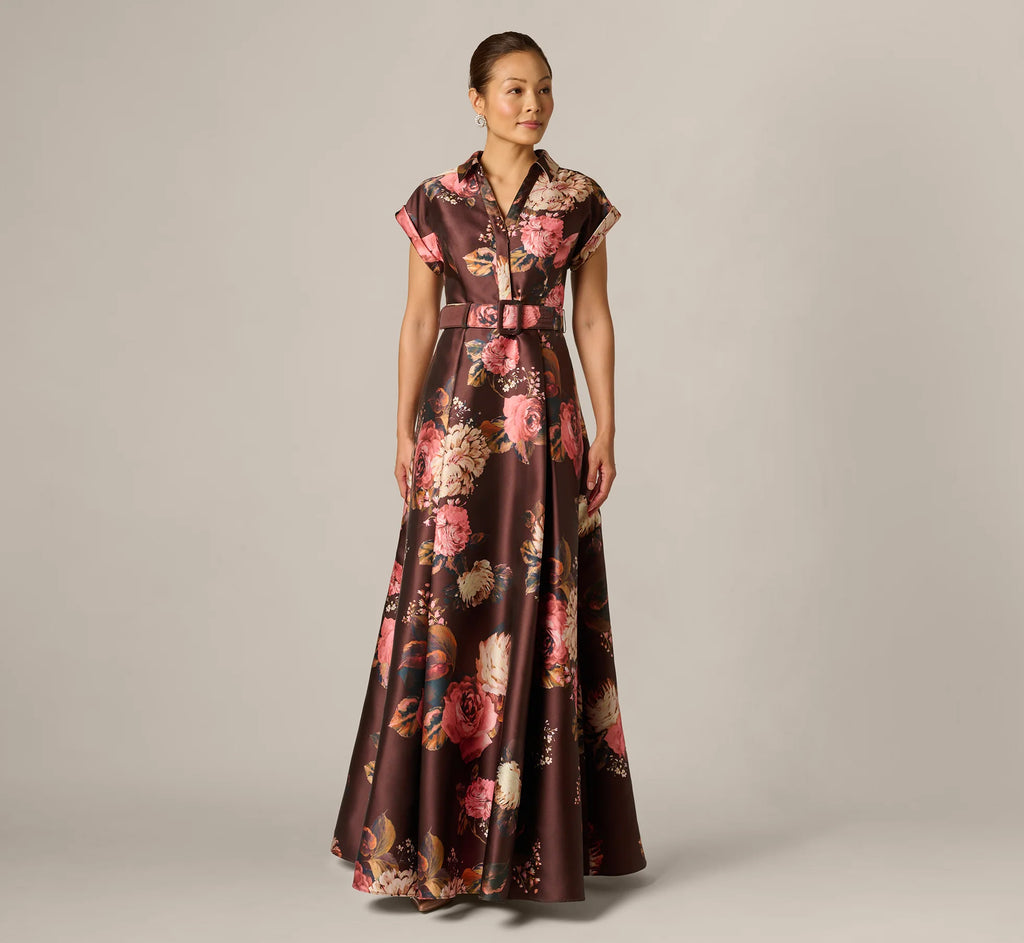 Short Sleeve Rose Floral Ballgown In Brown Multi