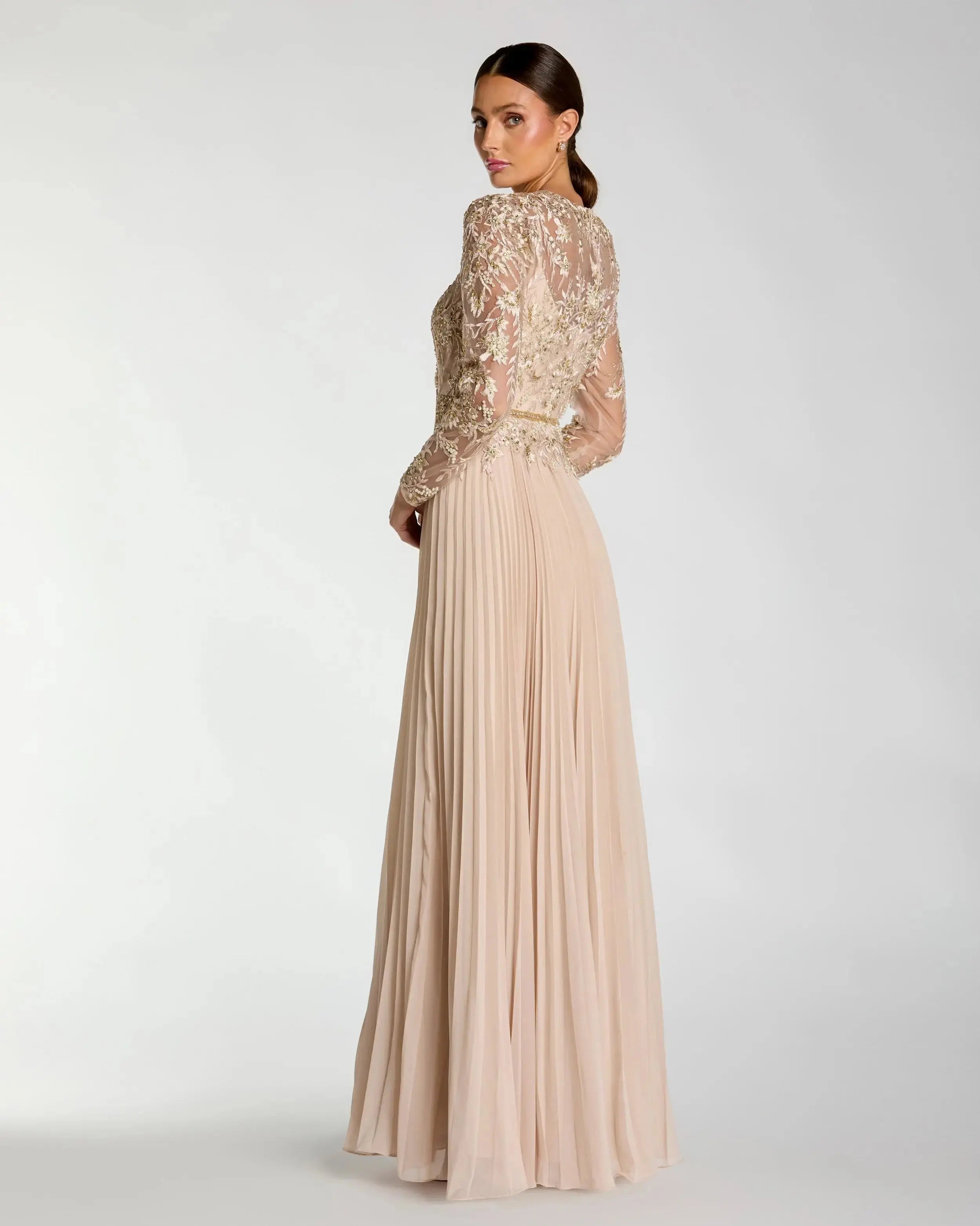 Long Sleeve Chiffon Embellished Gown