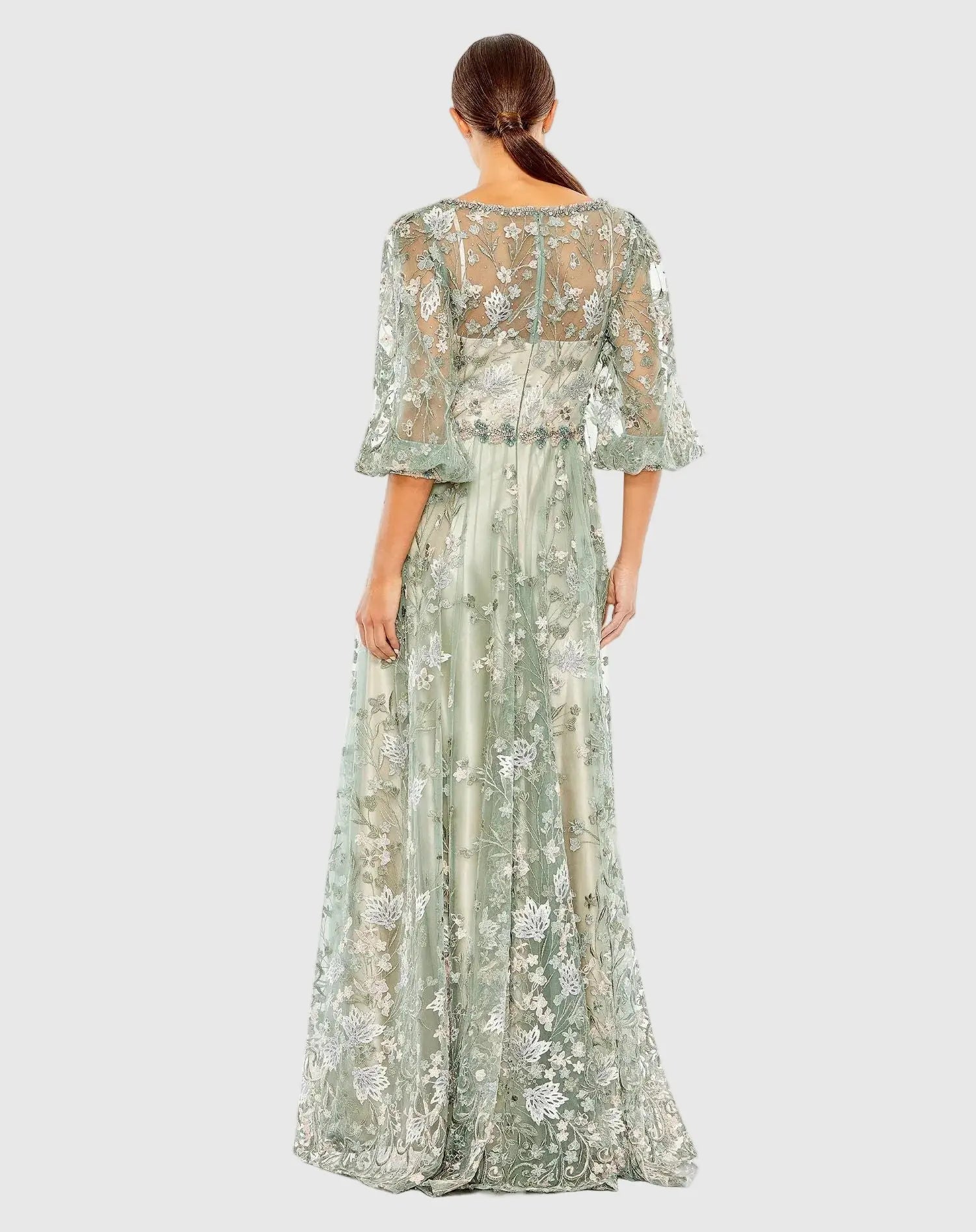 Green Embroidered A-Line Gown With 3/4 Puff Sleeves