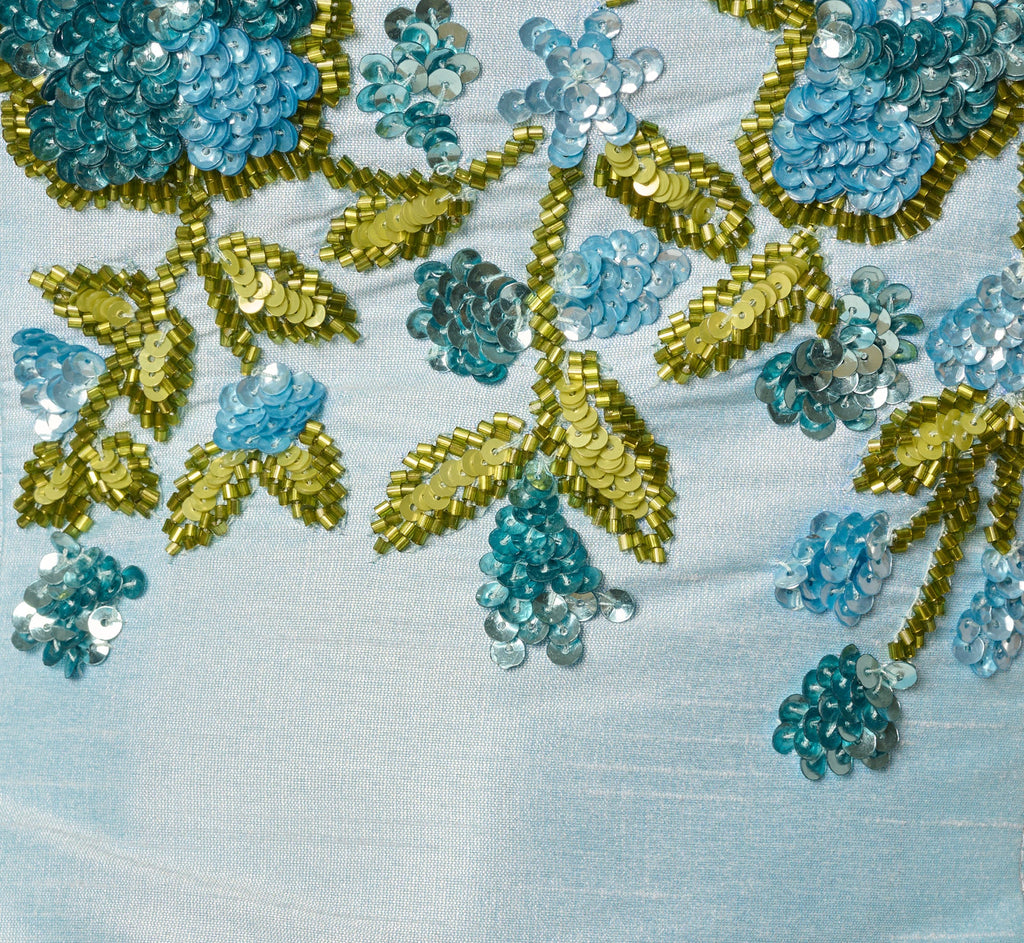 Floral Beaded Shantung Fit And Flare Dress In Sky Multi