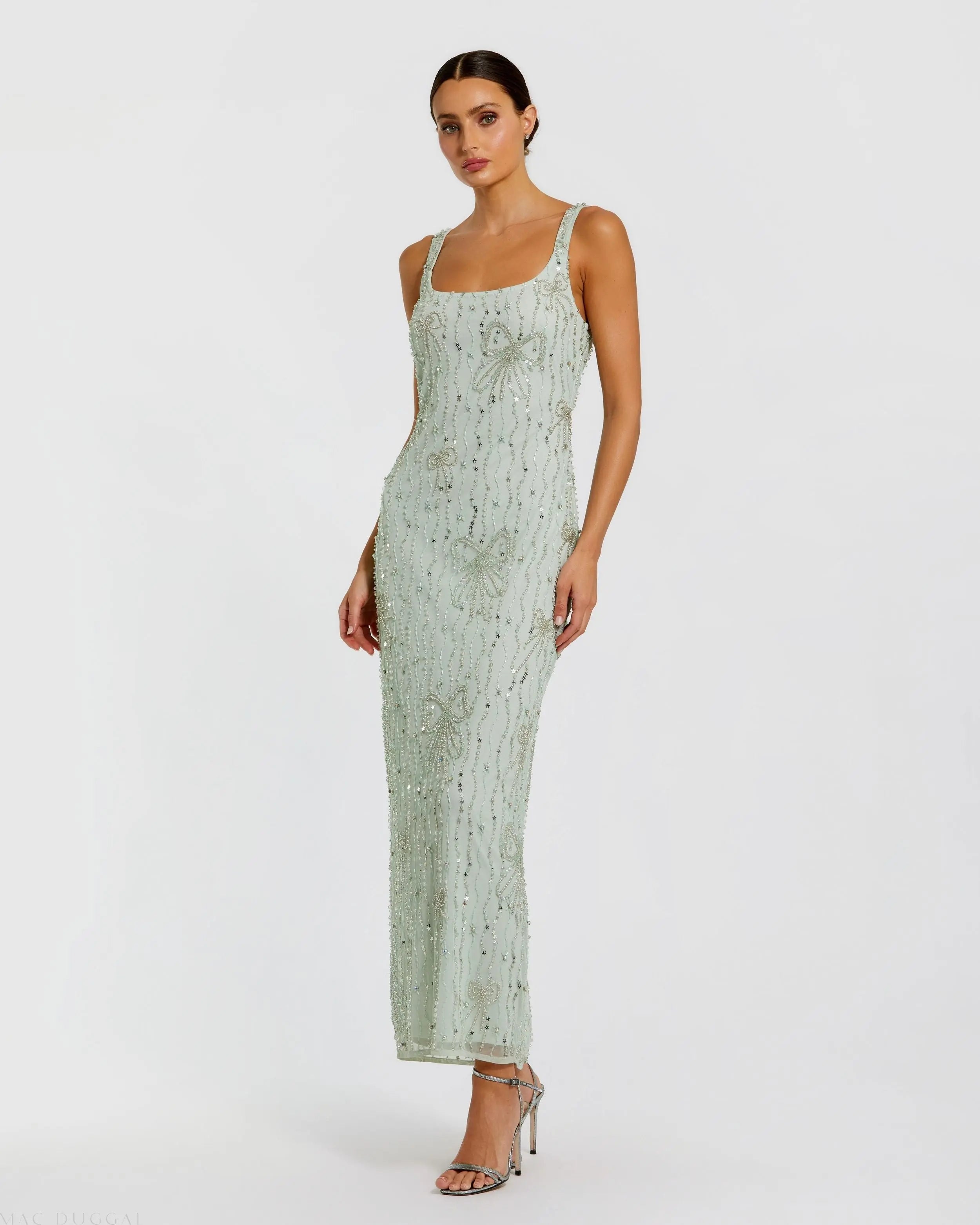 Scoop Neck Embellished Dress With Bow Detail