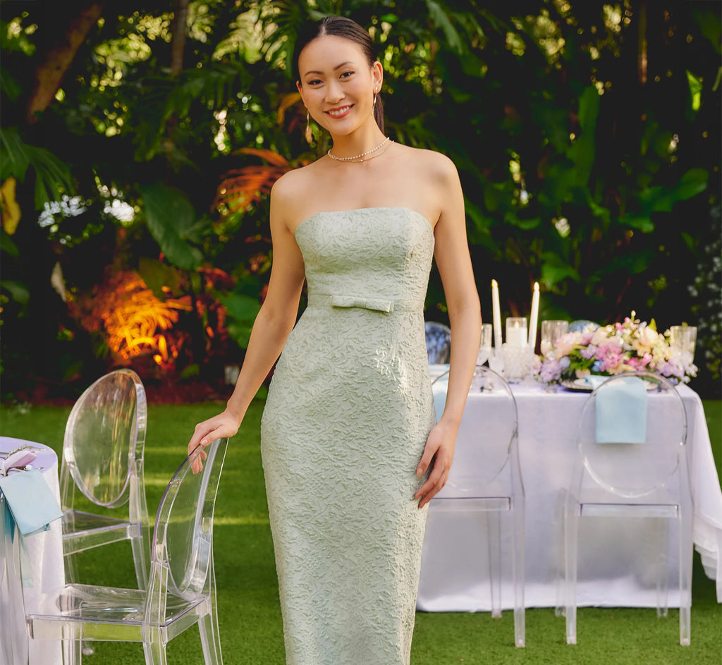 Strapless Metallic Jacquard Column Gown In Mint Glaze
