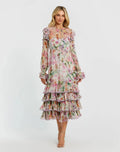 Multicolor Long Sleeve Ruffle Detail Floral Shift Dress