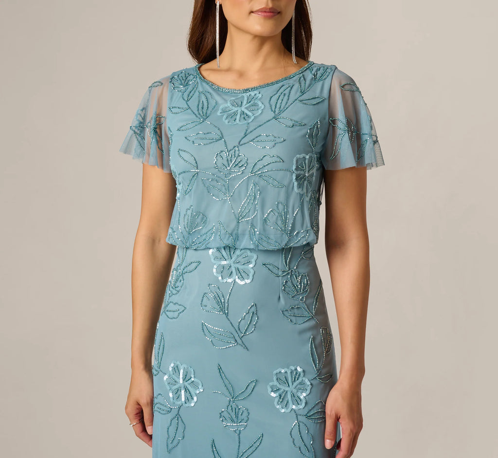 Flutter Sleeve Floral Beaded Blouson Gown In Air Sky