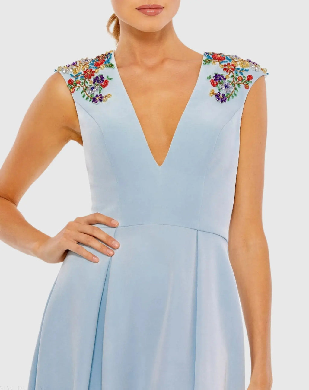 Dark Blue Beaded Cap Sleeve V Neck A Line Gown - FINAL SALE