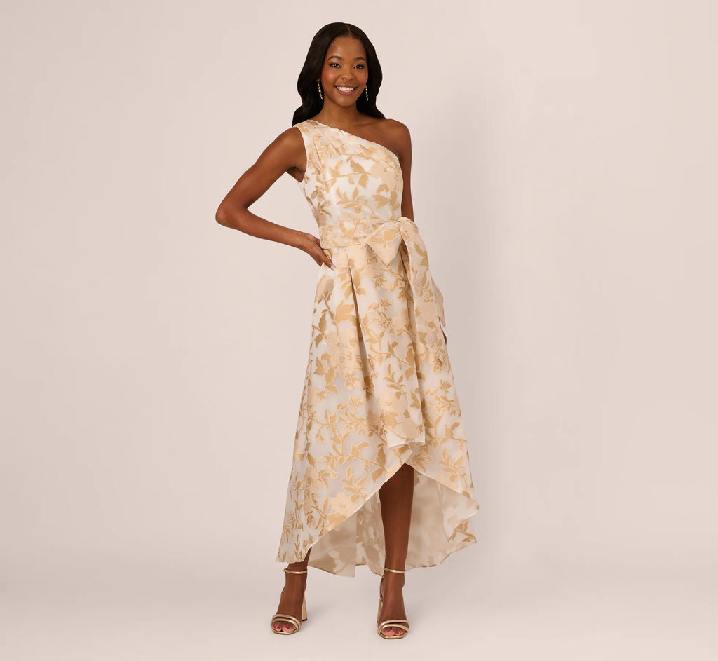 One Shoulder Organza Jacquard High Low Gown In Champagne Ivory