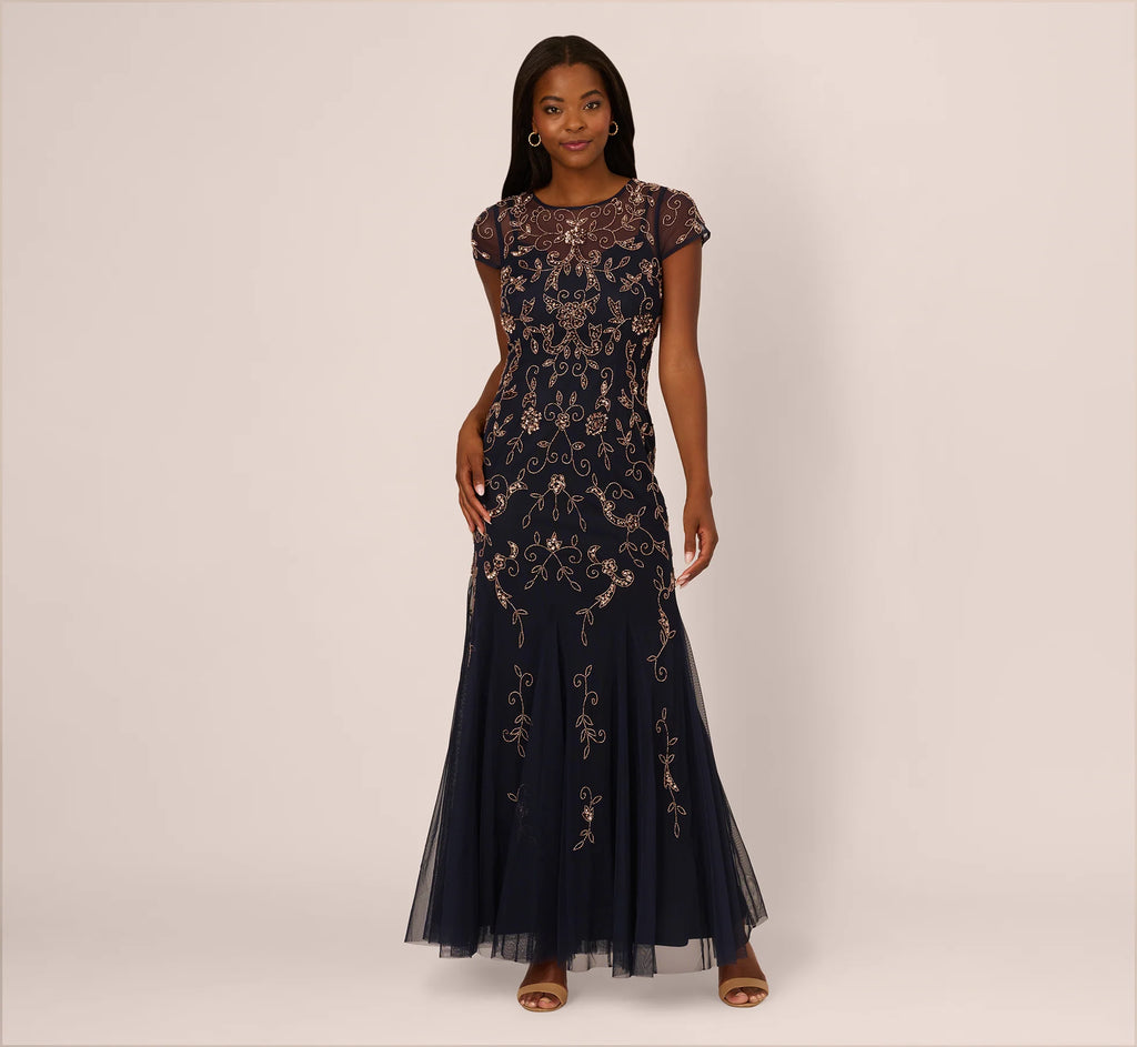 Floral Beaded Godet Gown With Sheer Neck And Short Sleeves In Navy Rosegold