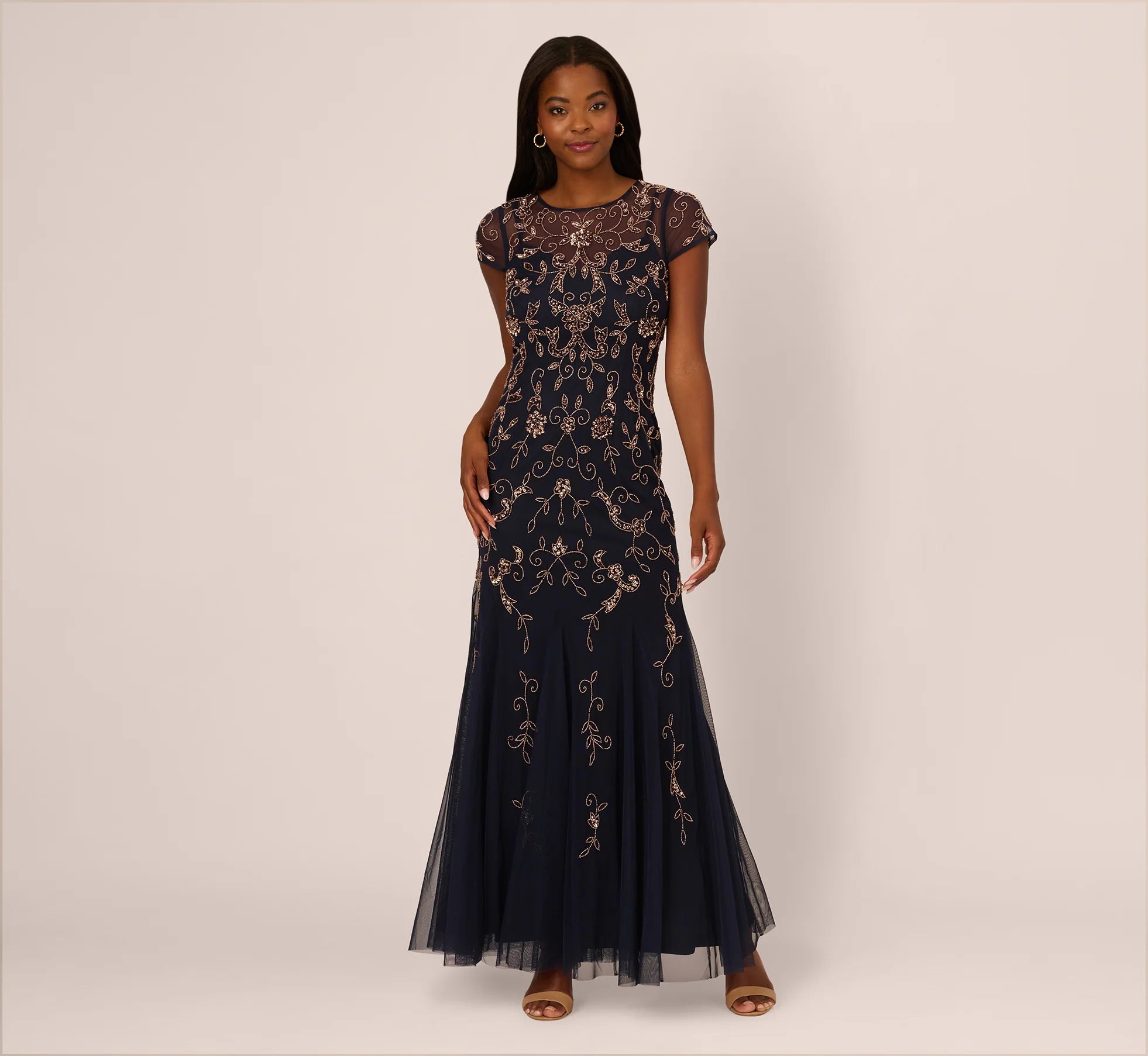 Floral Beaded Godet Gown With Sheer Neck And Short Sleeves In Navy Rosegold