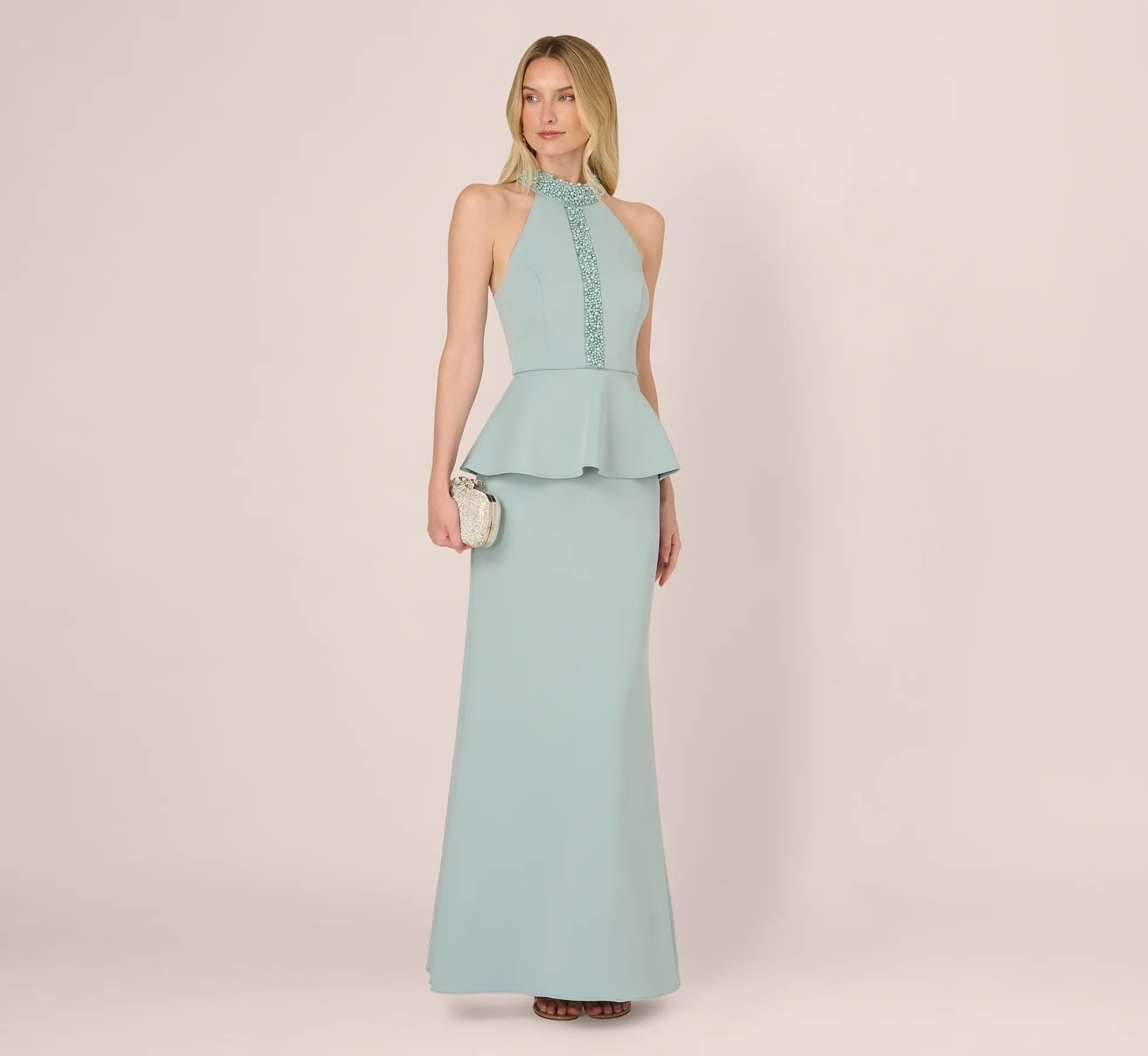 Sleeveless Pearly Halter Peplum Gown In Aqua Dust