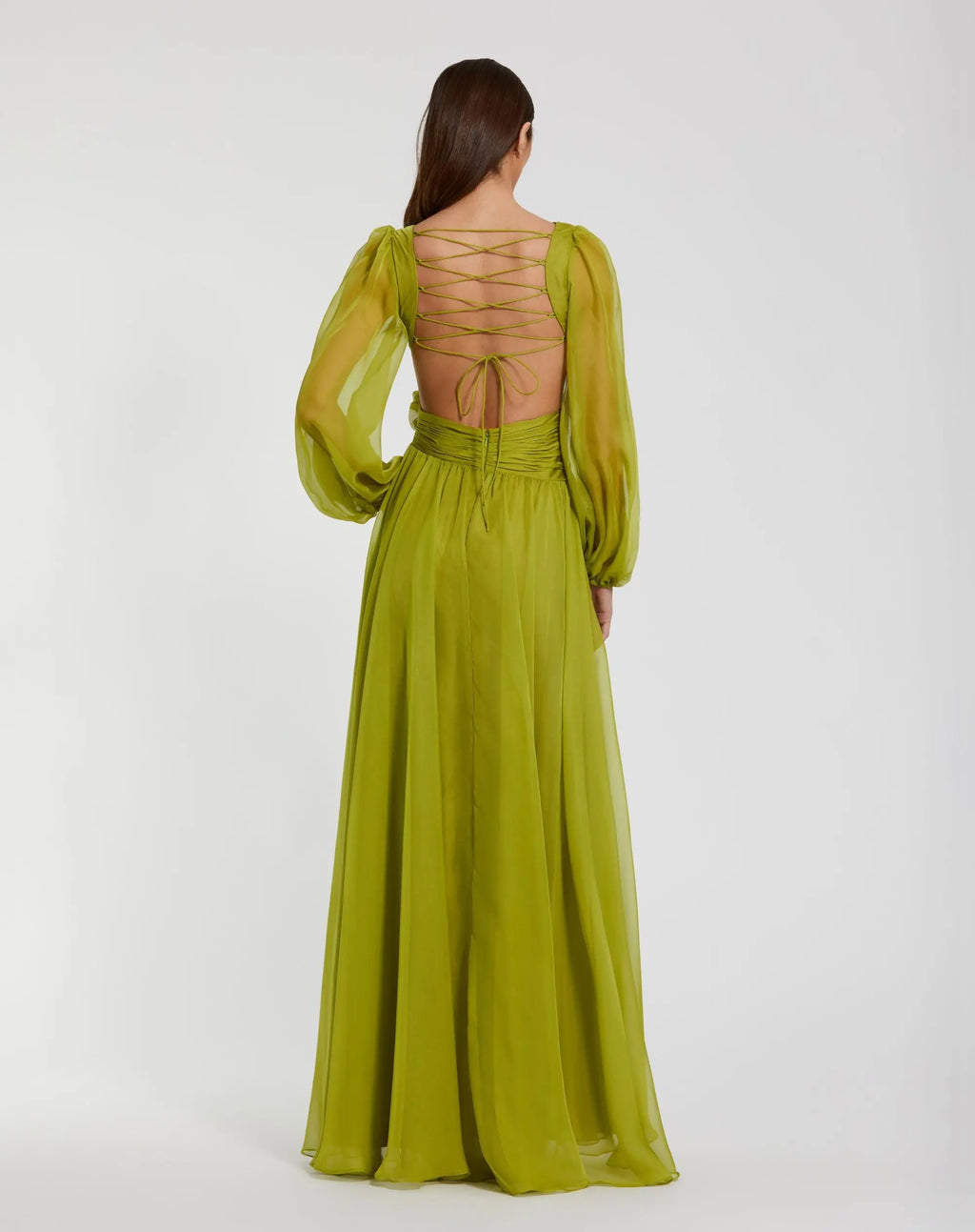 Green Long Sleeve V-Neck Chiffon Gown With 3D Flower