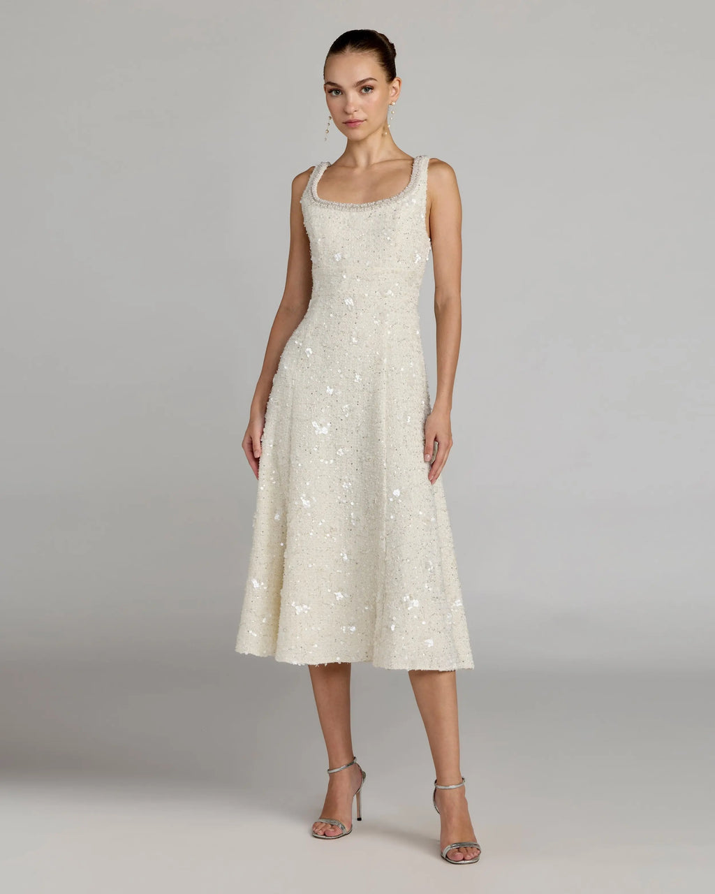 Ivory Embellished Boucle Sleeveless A-Line Midi Dress