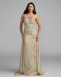 Beige One Shoulder Embellished Gown With Train