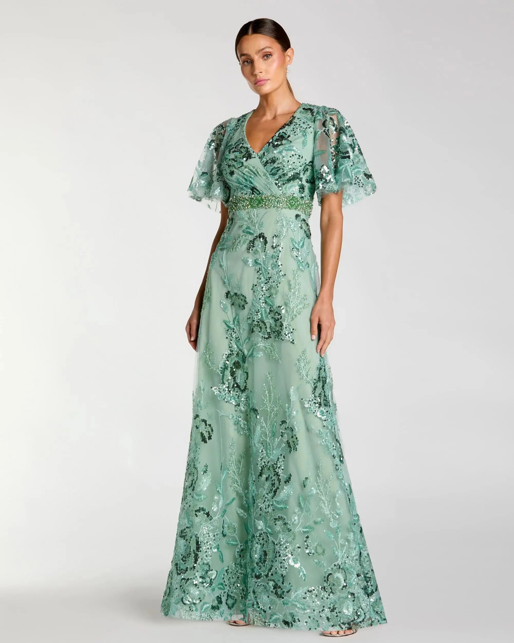 Floral Embellished Short Sleeve Gown