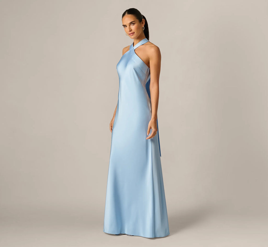 Bias Cut Stretch Satin Scarf Halter Gown In Azure Blue