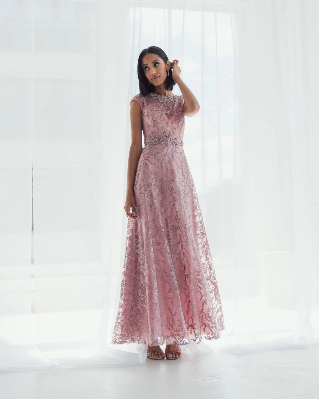 Embroidered Cap Sleeve A Line Gown