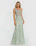 Green One Shoulder Hand Embellished Evening Gown