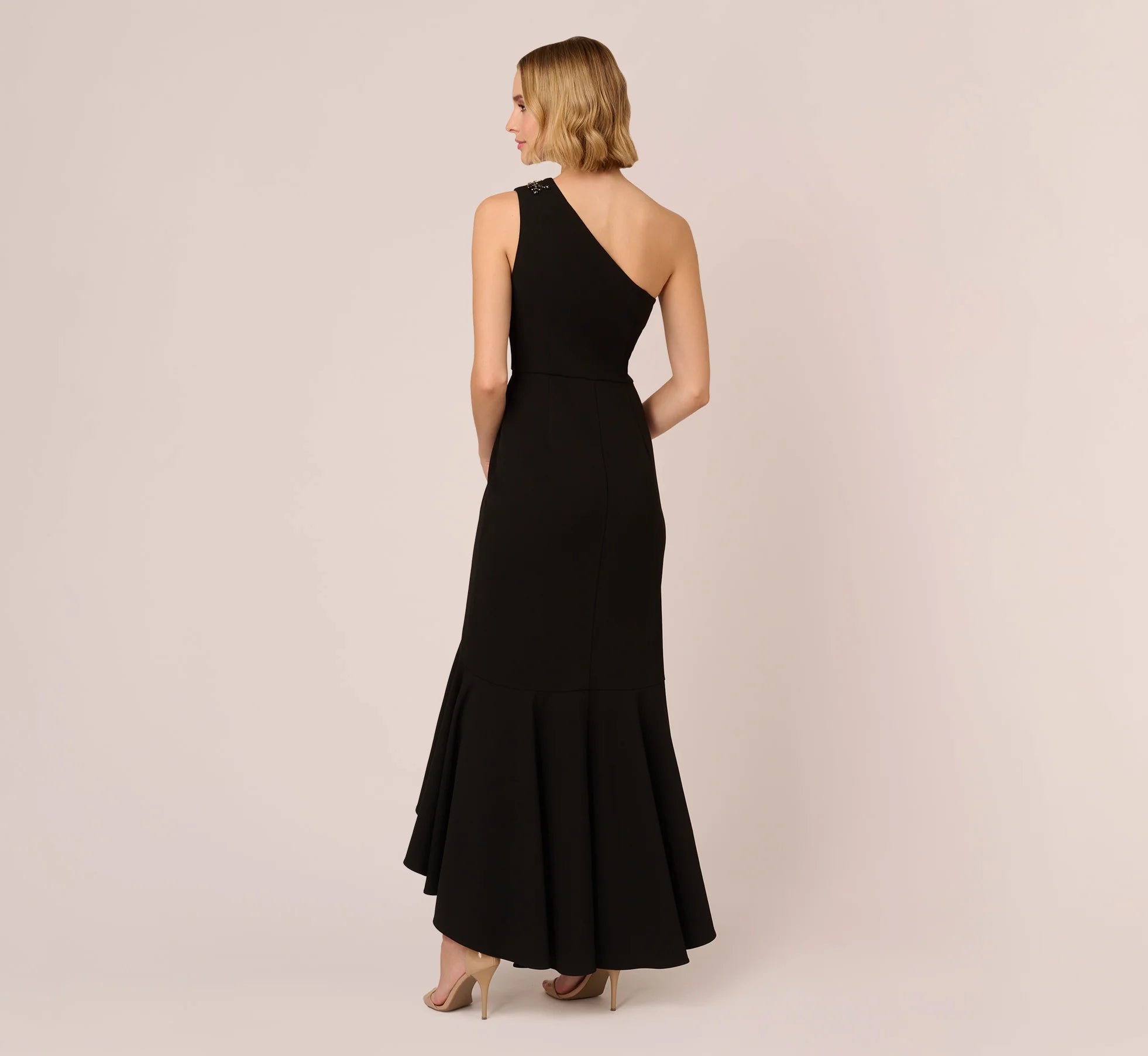 One Shoulder Ruffled Crepe Gown With Beaded Accent In Black