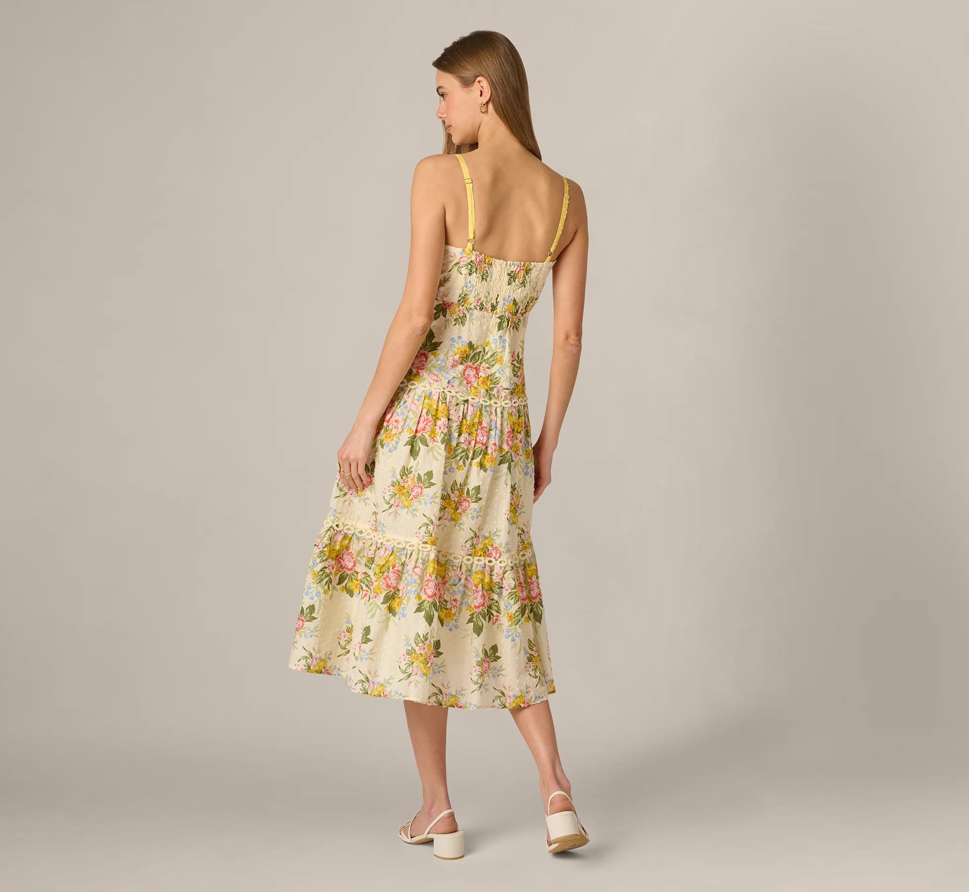 Cotton Vintage Floral Midi Sundress In Pale Yellow