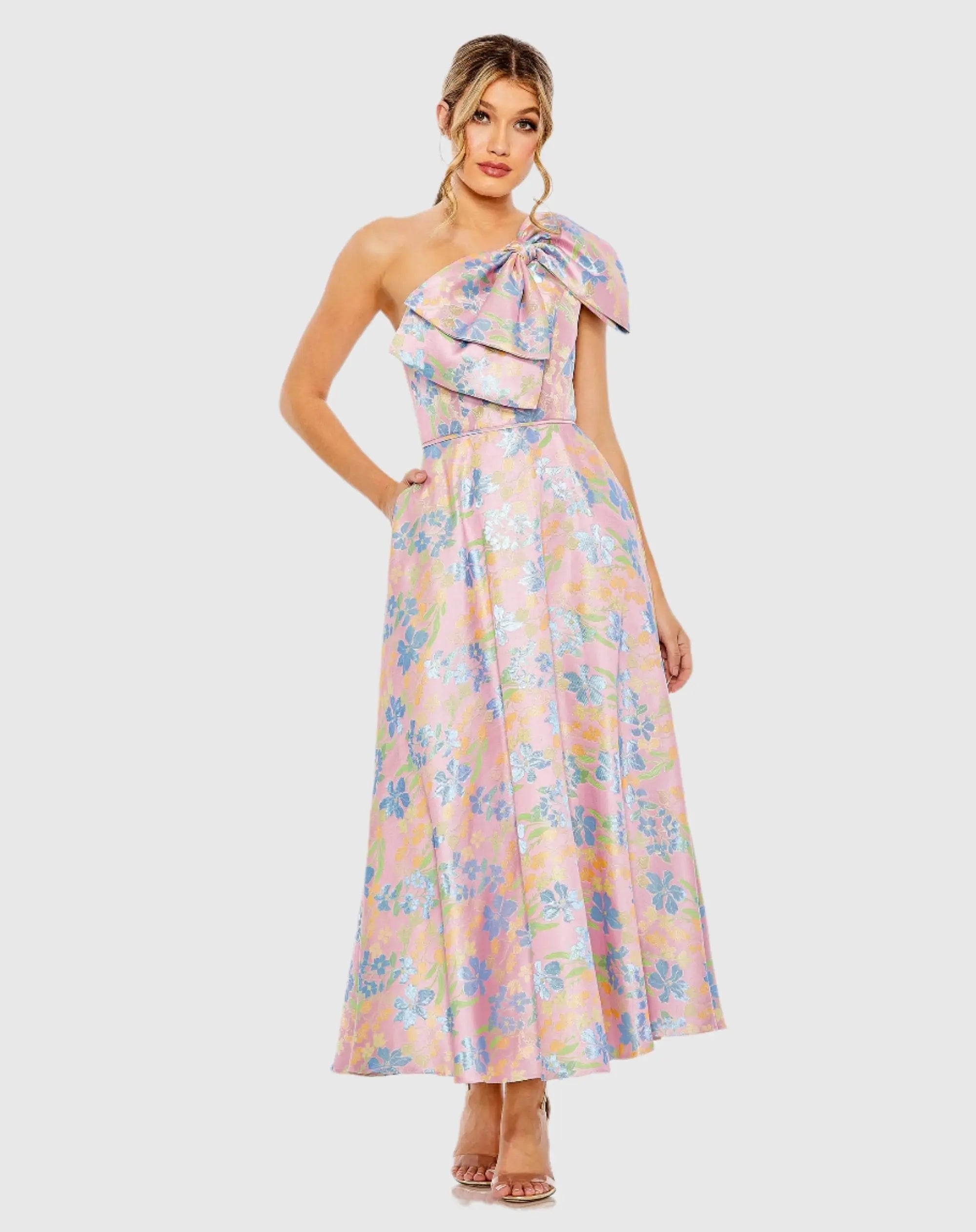 Pink One Shoulder Embroidered Floral A Line Dress