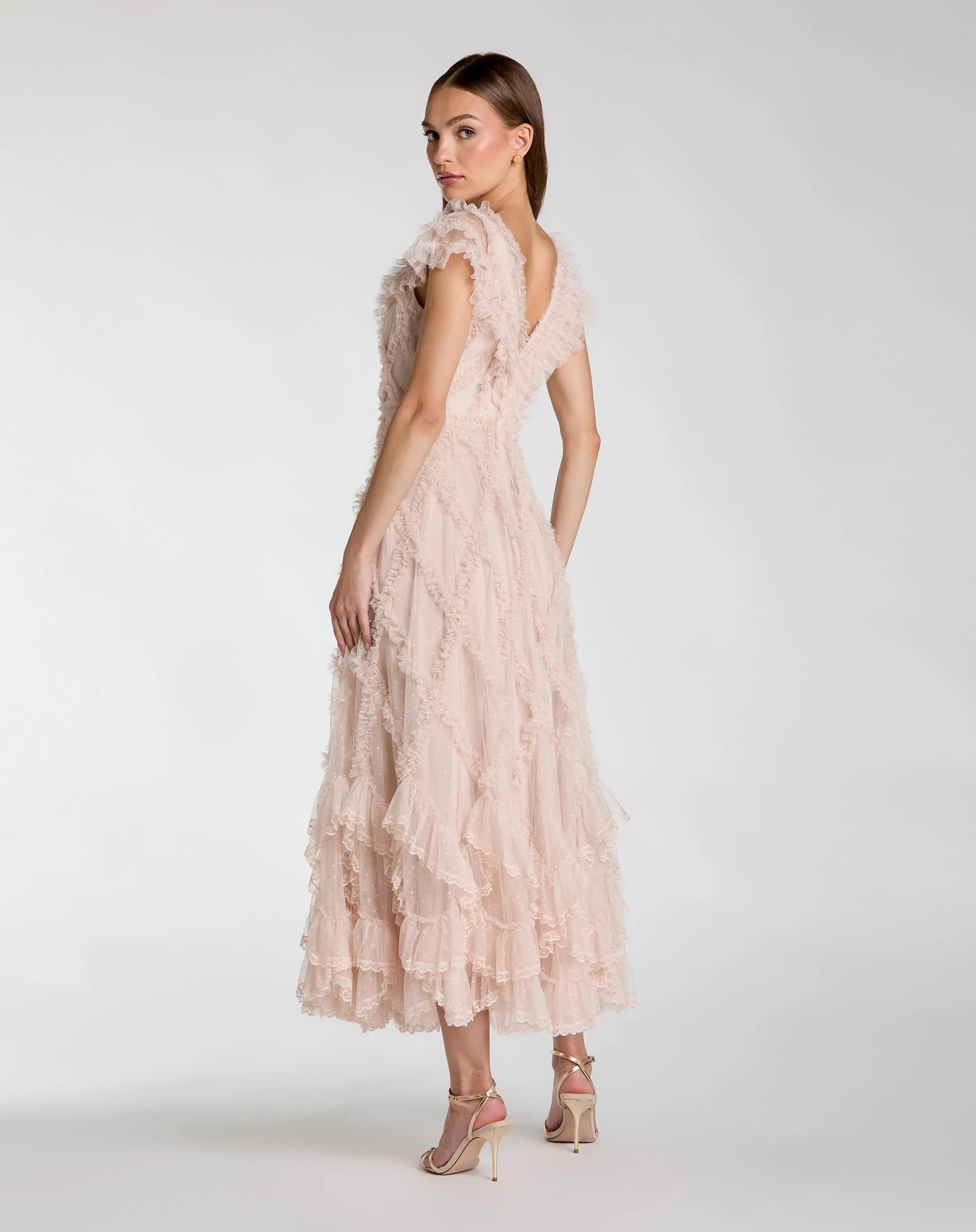 Micro Ruffle Cap Sleeve A-Line Midi Dress