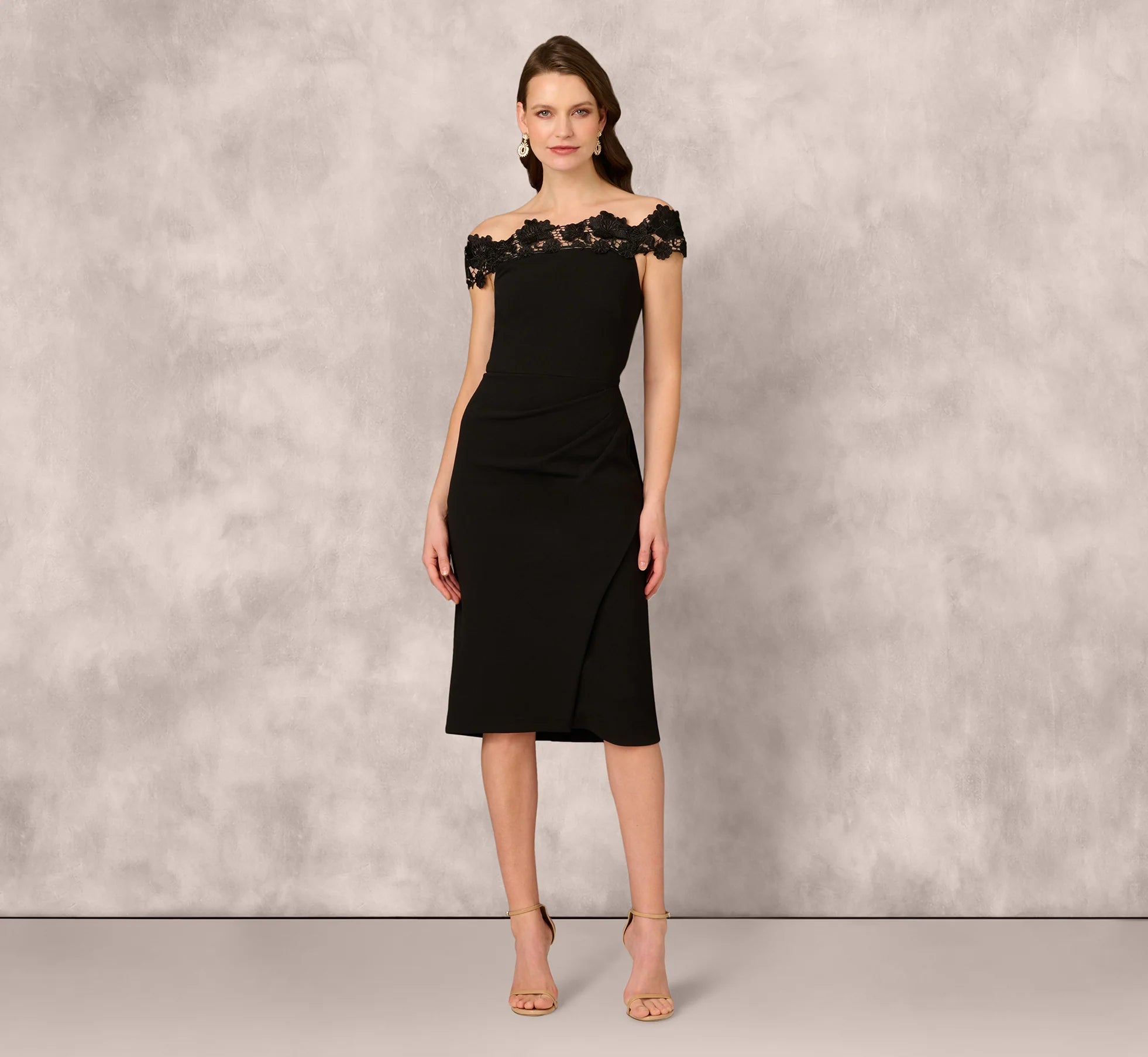 Off Shoulder Lace Trim Midi Sheath Dress In Black