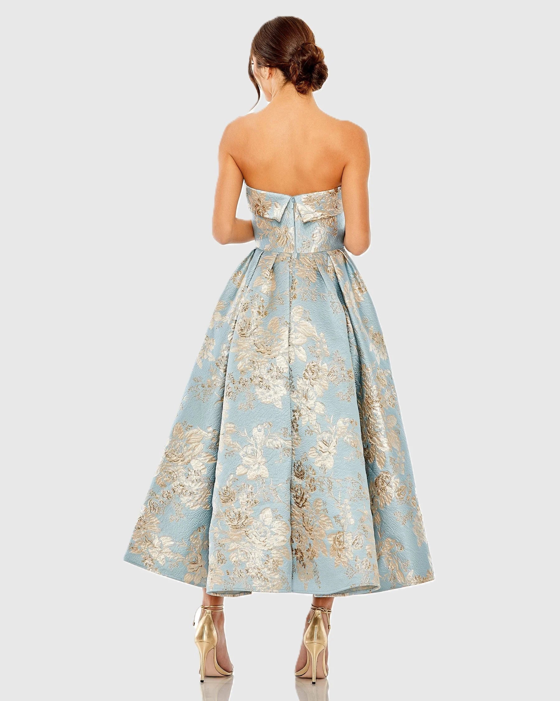 Strapless Brocade Midi Dress with Pockets