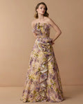 Pink Strapless Floral Ball Gown With Ruffle Detail