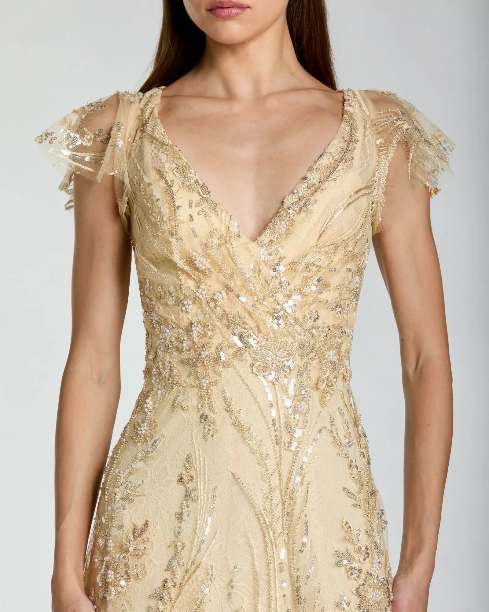 Gold V Neck Flutter Sleeve Embroidered Lace Gown