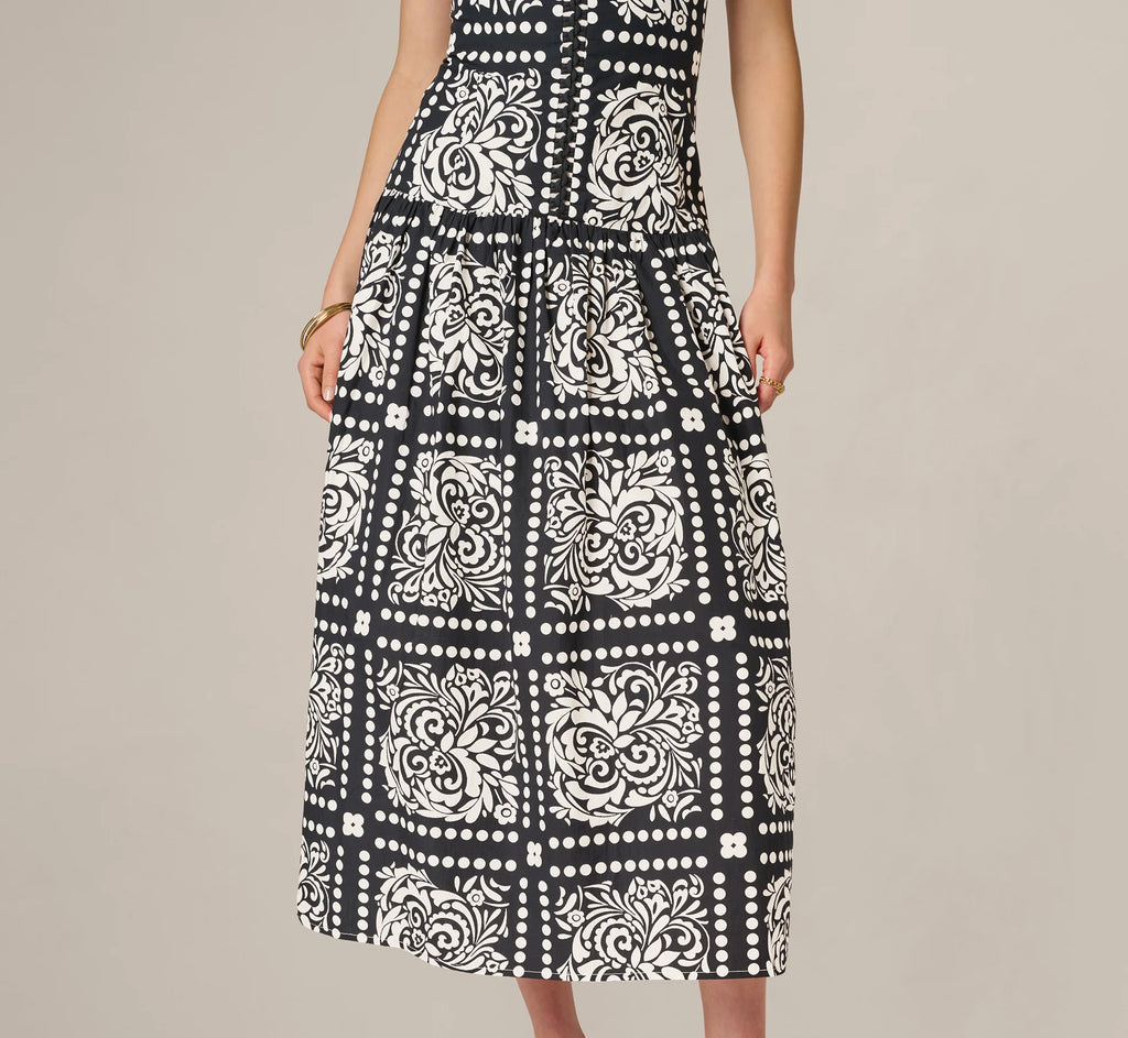 Drop Waist Cotton Tile Print Midi Sundress In Black Ivory