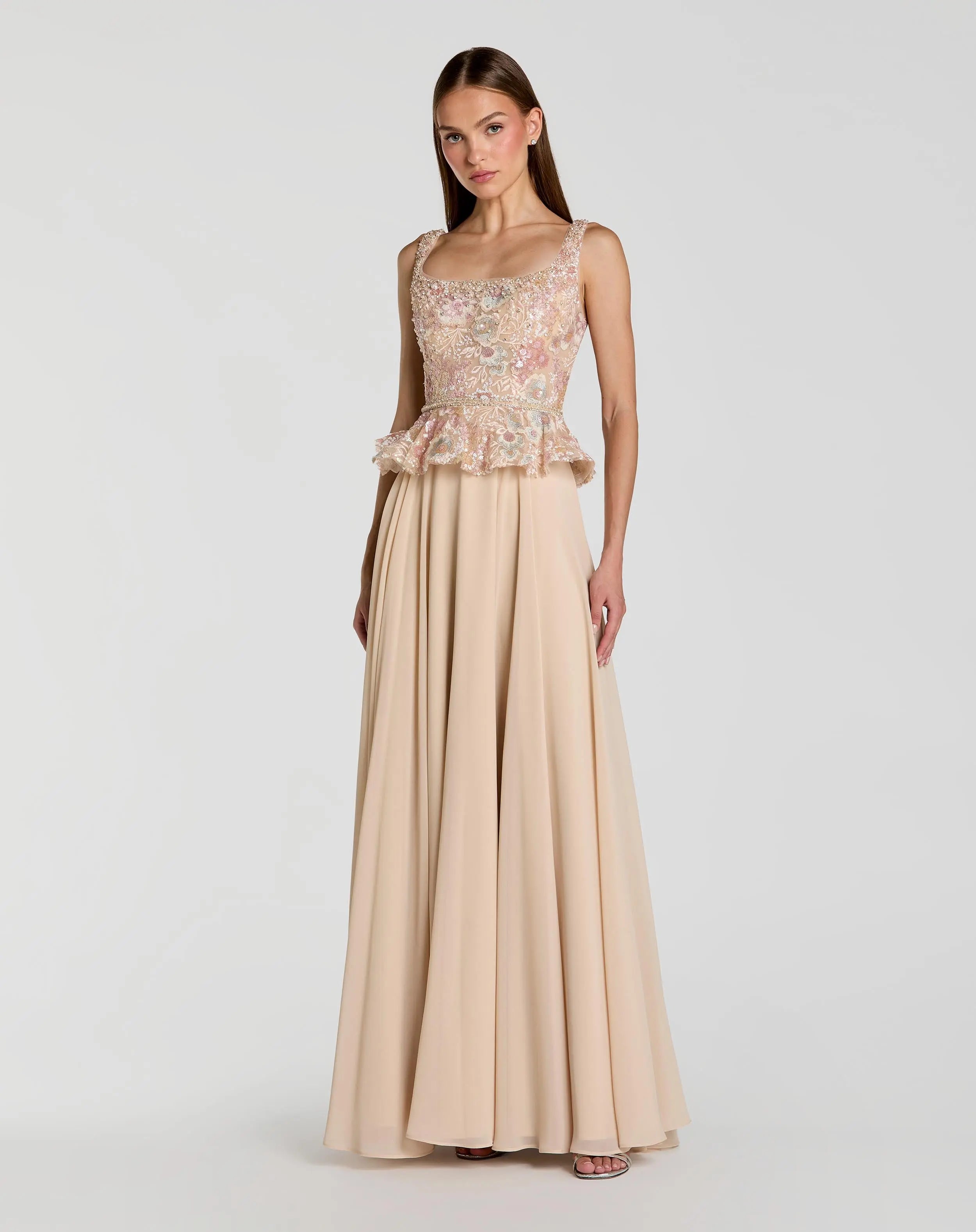 Embroidered Peplum Top With Chiffon Skirt Gown